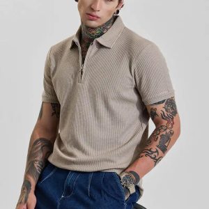 Muted Beige Textured Slim Fit Zipper Polo