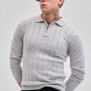 Light Grey Zipper Knitted Polo T-Shirt